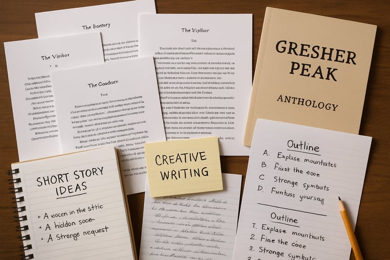 A collection of short story manuscripts and creative writing materials, representing the anthology process at Gresher Peak. A collection of short story manuscripts and creative writing materials, representing the anthology process at Gresher Peak.