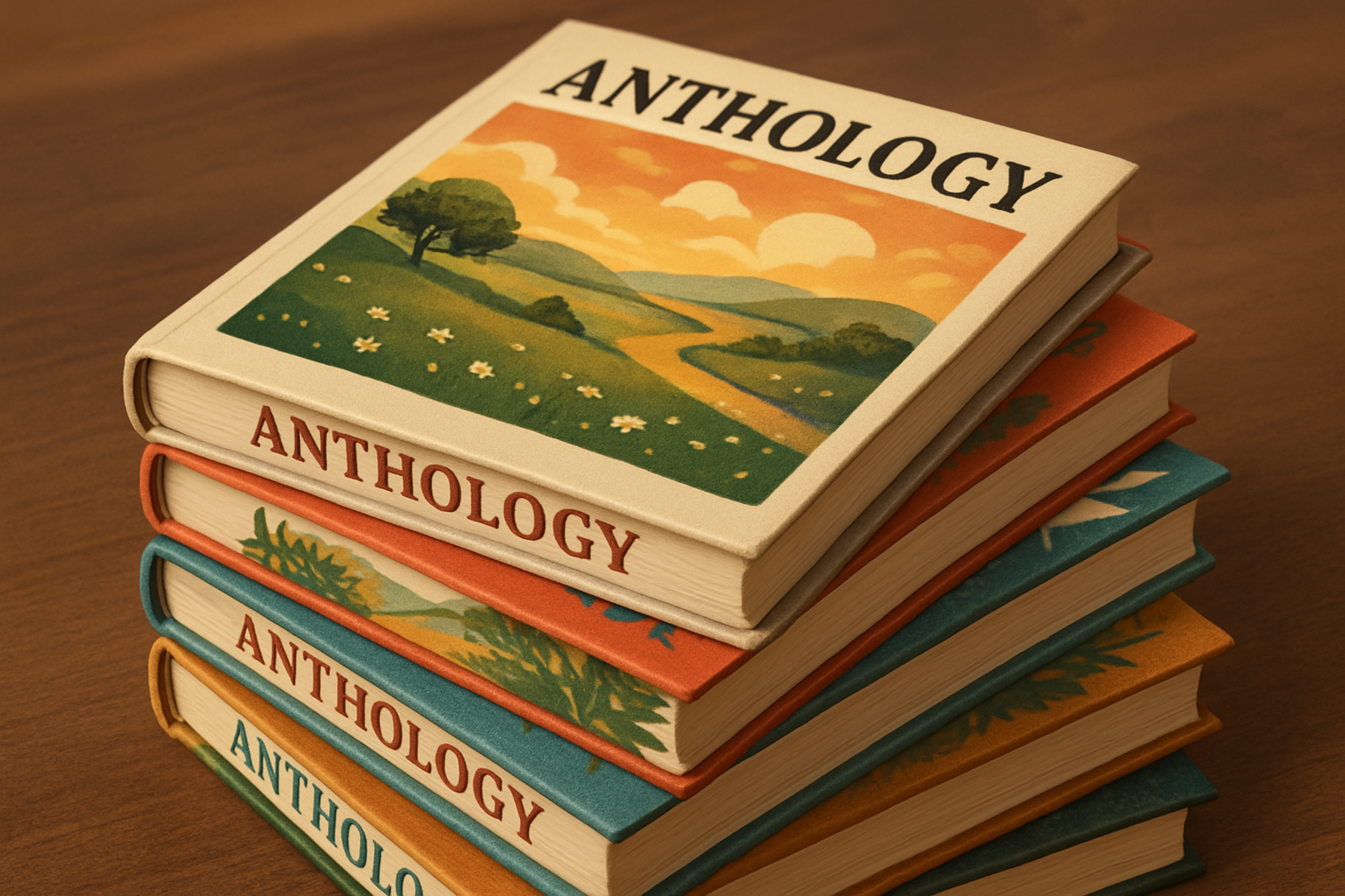 A stack of anthologies with illustrated covers