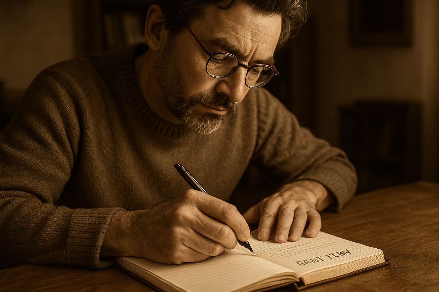 Author writing a short story in a notebook