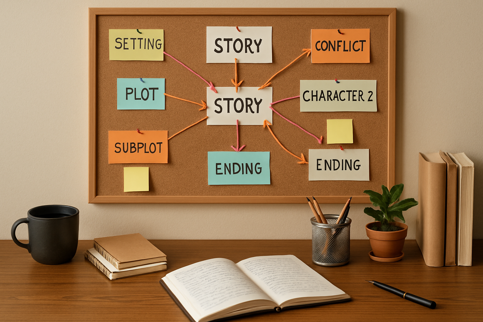 Creative writing workspace with notes connecting storylines