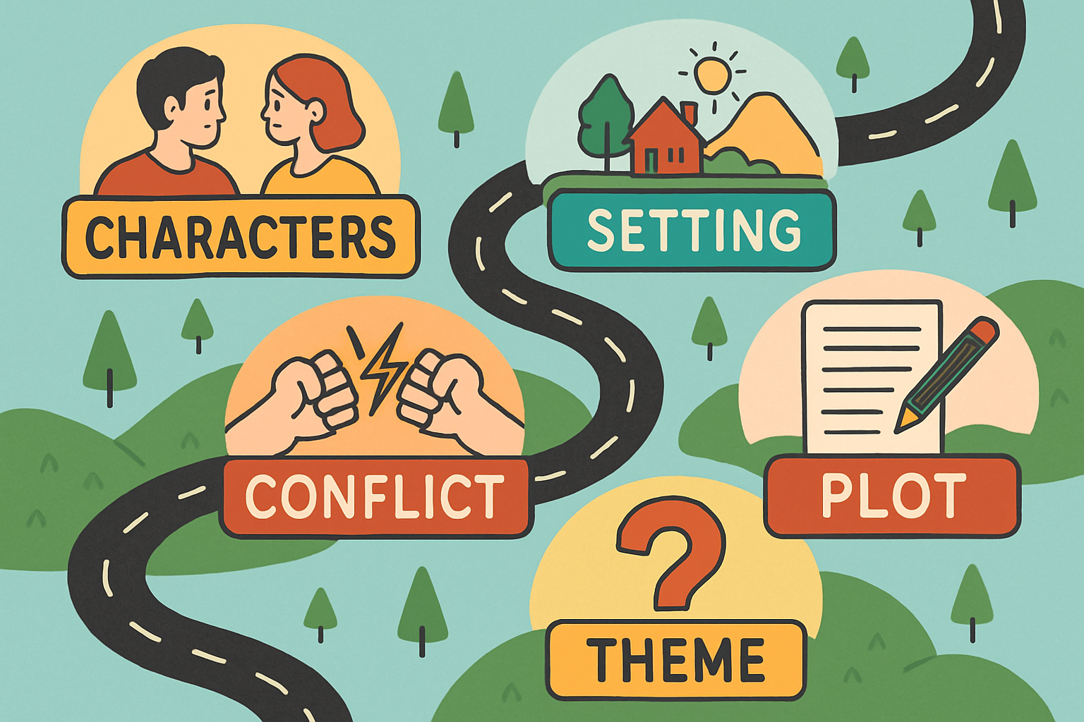 Illustration of a roadmap connecting story elements