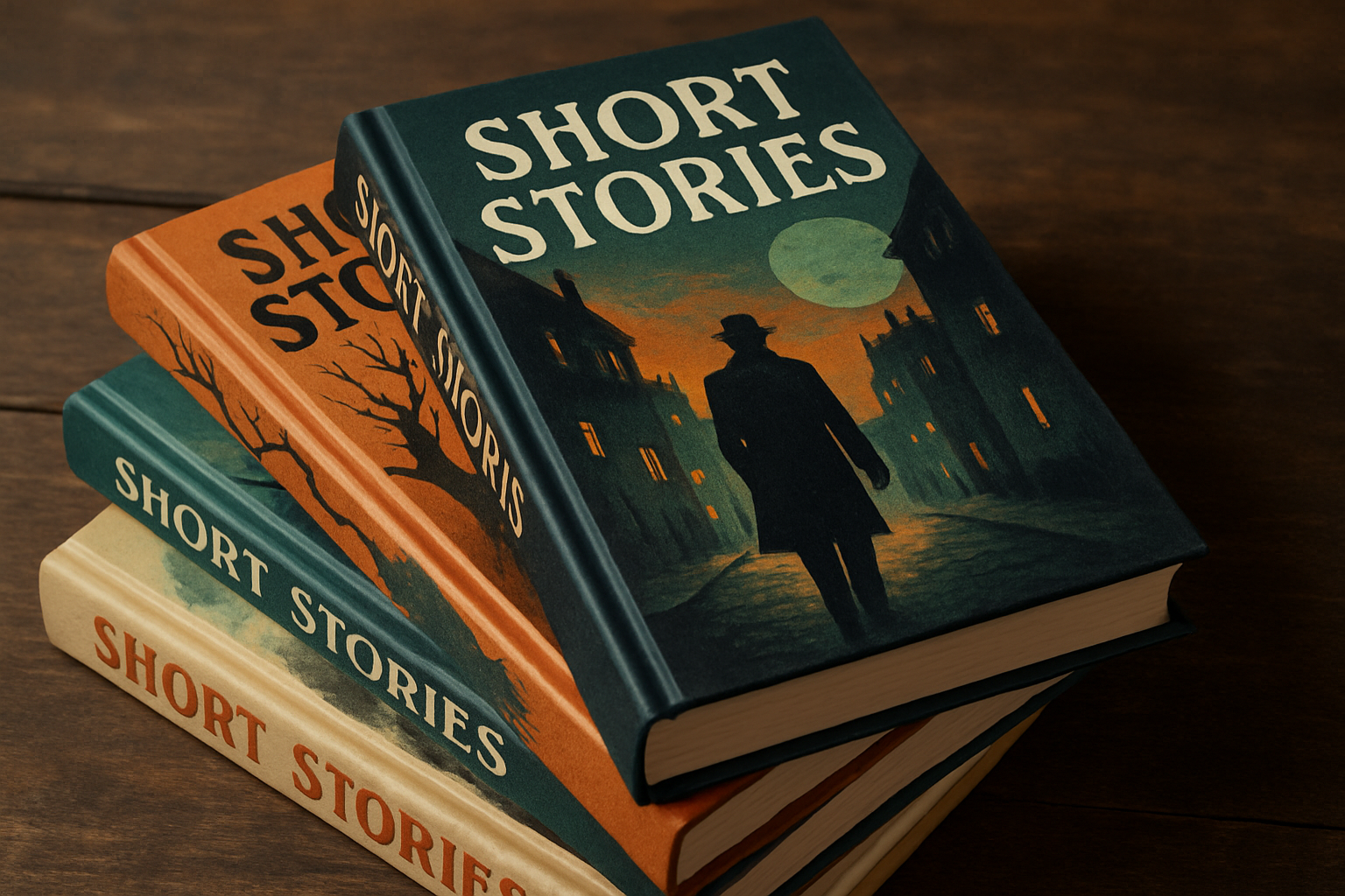 Stack of short story books with intriguing covers